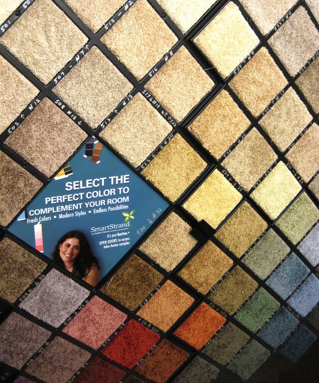 Carpet colour selector board holding dozens of carpet samples in the Bellingham showroom.