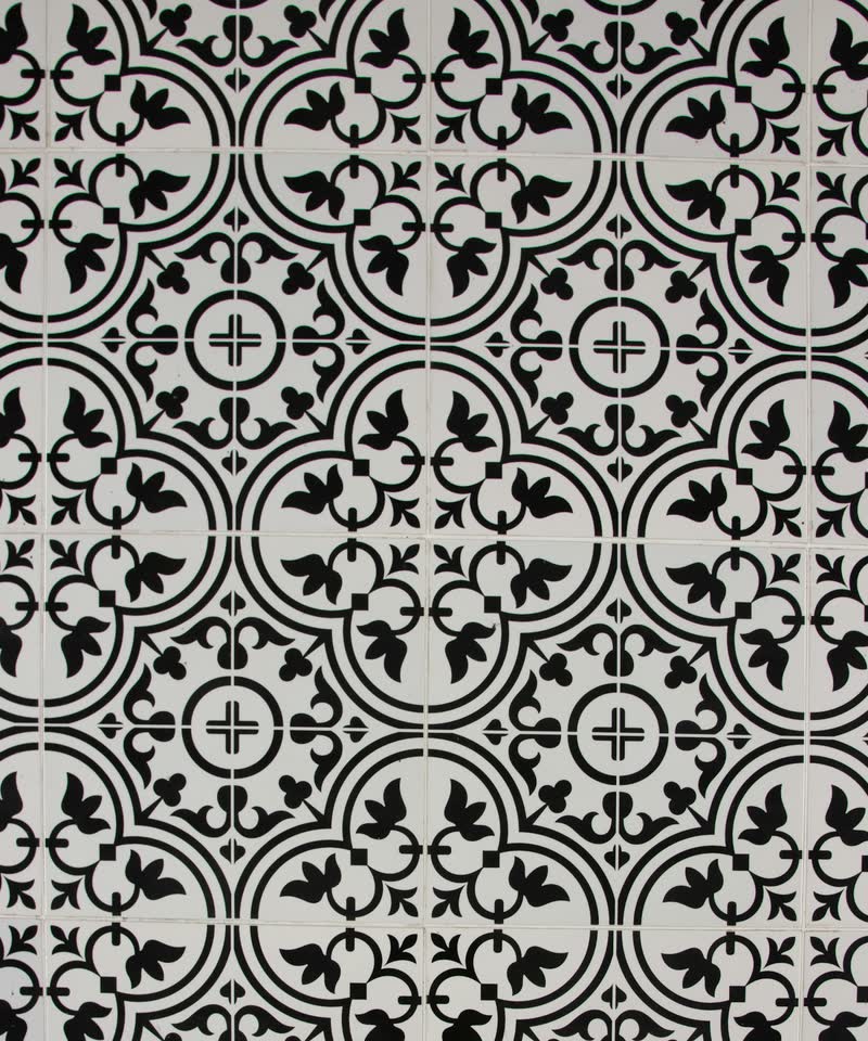 Black and white patterned floor tile.