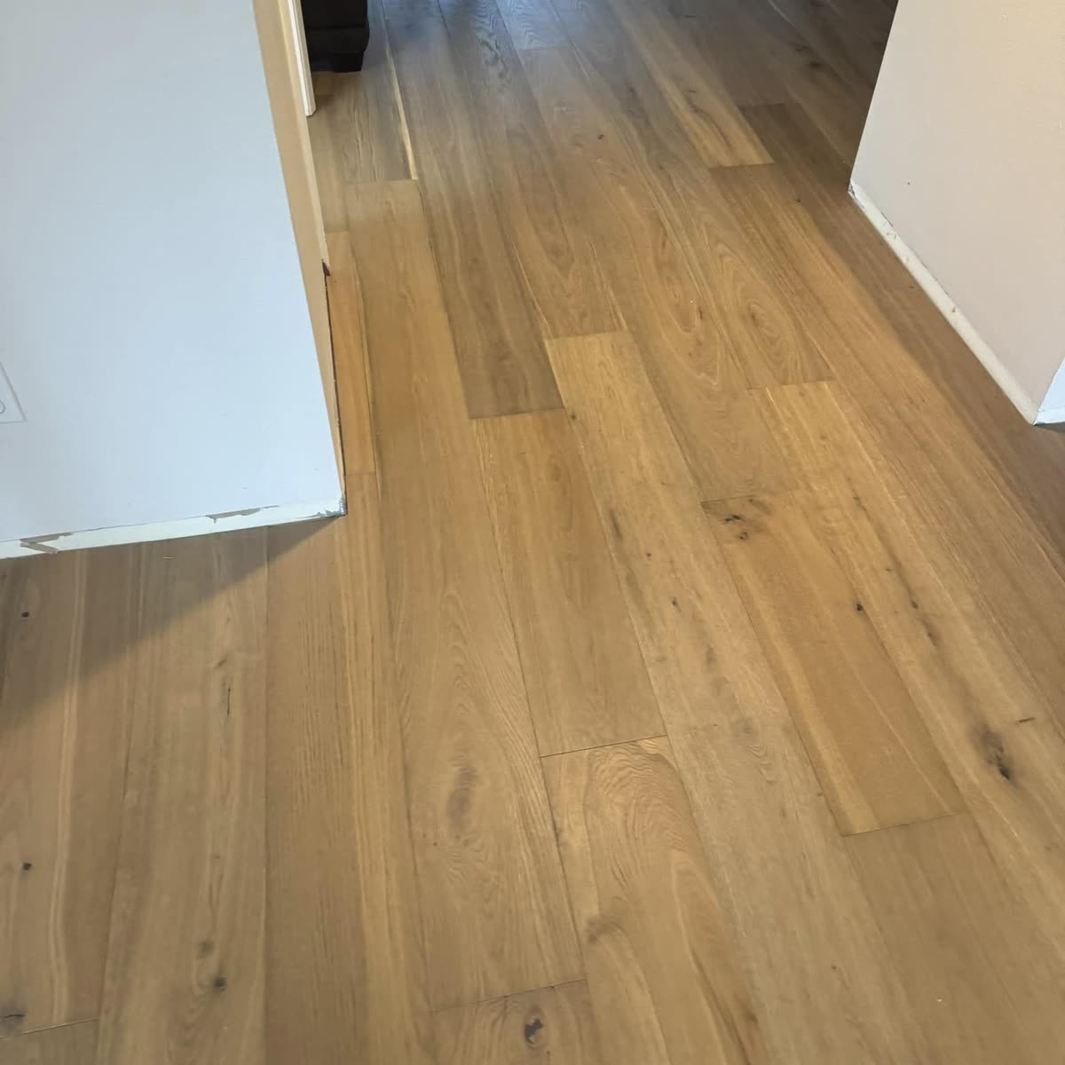 Wide-plank flooring running down a hallway and turning into an adjoining
                room, with white walls and painted baseboard.