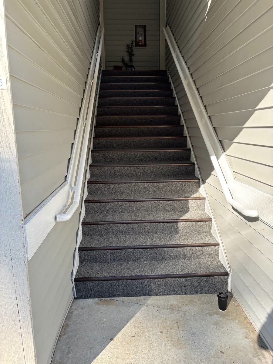 Carpet laid on an outdoor stairway between two buildings, with a nosing on every tread.
